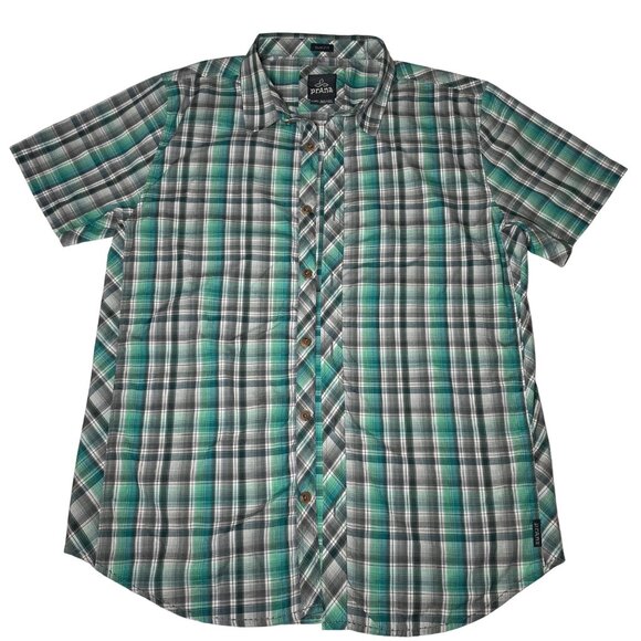 Prana Mens Slim Fit XL Green/Gray Plaid Short Sleeve Button-Up Shirt X-Large - Picture 4 of 12